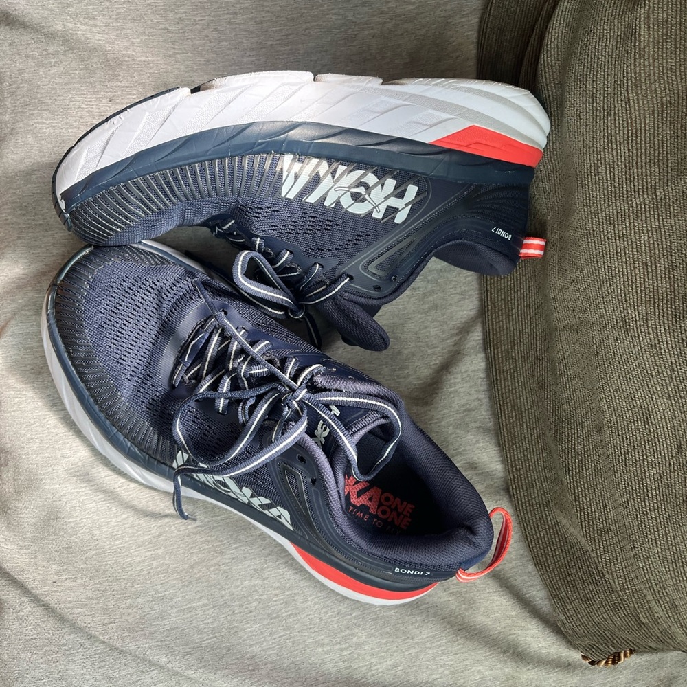 Hoka One One Navy and Coral Sneakers